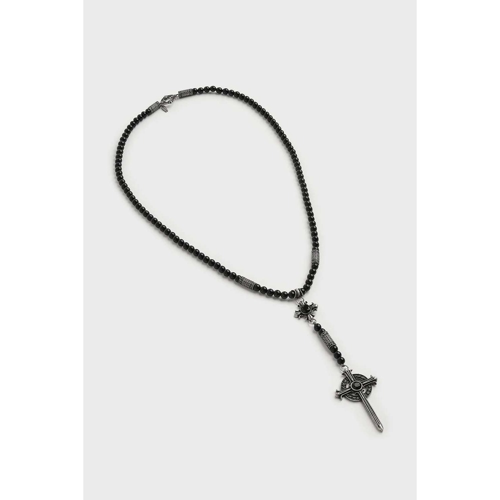 Killstar Rosa Noctis Black Bead Rosary Necklace Silver Cross Dagger Pendant